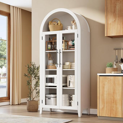 IDEALHOUSE Arched Kitchen Pantry Storage Cabinet - Farmhouse 5-Tier Display Shelf with 2 Large Glass Doors and Adjustable Shelf, Versatile Cupboard for Kitchen, Dining Room, Living Room, White