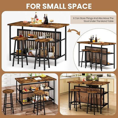 DKLGG Kitchen Island with Seating & Storage, Farmhouse Dining Table Set for 2, Space-Saving 3 Piece Dining Set Table & Chairs Island Table for Kitchen, Apartment, Dining Room, Rustic Brown