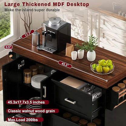 53.25" Large Kitchen Island with Storage on Wheels and 2 Extra-large Drawers, Rolling kitchen Island with Spice Rack and Towel Rack, Mobile Dining Table with 3.5" Thick Desktop and Cabinet Black