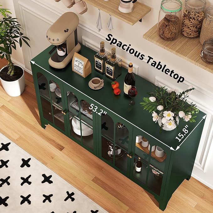 Foreate Green Sideboard Buffet Cabinet with Glass Door & LED Light, 53.2" Large Buffet Cabinet with Storage & Adjustable Shelf, Farmhouse Sideboard Credenzas Metal Kitchen Buffet