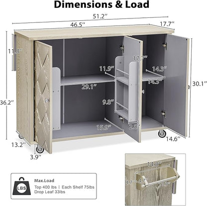 RUNNA 51.2" W Ash Veneer Solid Wood Handwoven Kitchen Island with Drop Leaf, Coastal Kitchen Island on Wheels with Internal Storage Rack, Rolling Kitchen Cart (Champagne#016)
