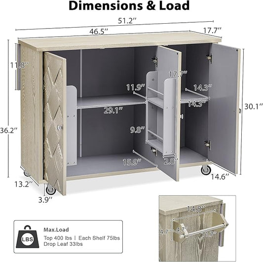 RUNNA 51.2" W Ash Veneer Solid Wood Handwoven Kitchen Island with Drop Leaf, Coastal Kitchen Island on Wheels with Internal Storage Rack, Rolling Kitchen Cart (Champagne#016)