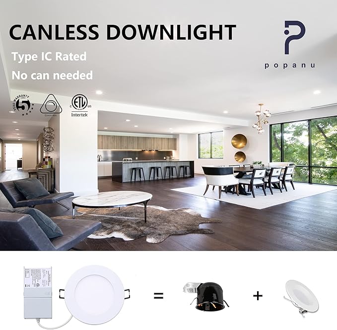 POPANU Premium LED-Canless Recessed Lighting 4-inch 5 CCT Adjustable Dimmable Downlight Fixture with Junction Box, Ceilling Light with Junction Box, 2700-5000K, 9W, White Finish, 6 Pack