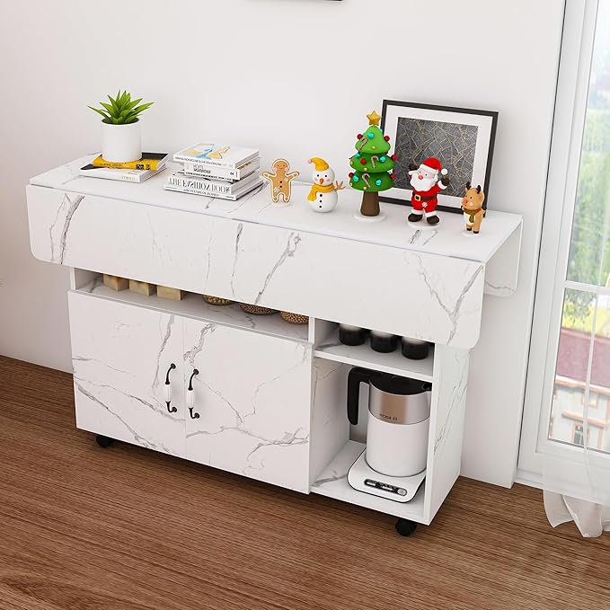 Farmhouse Folding Dining Table with Storage Shelves and Wheels, Space Saving Foldable Dining Table for Small Spaces Expandable Kitchen Table for Dining Room Living Room Apartment (White)
