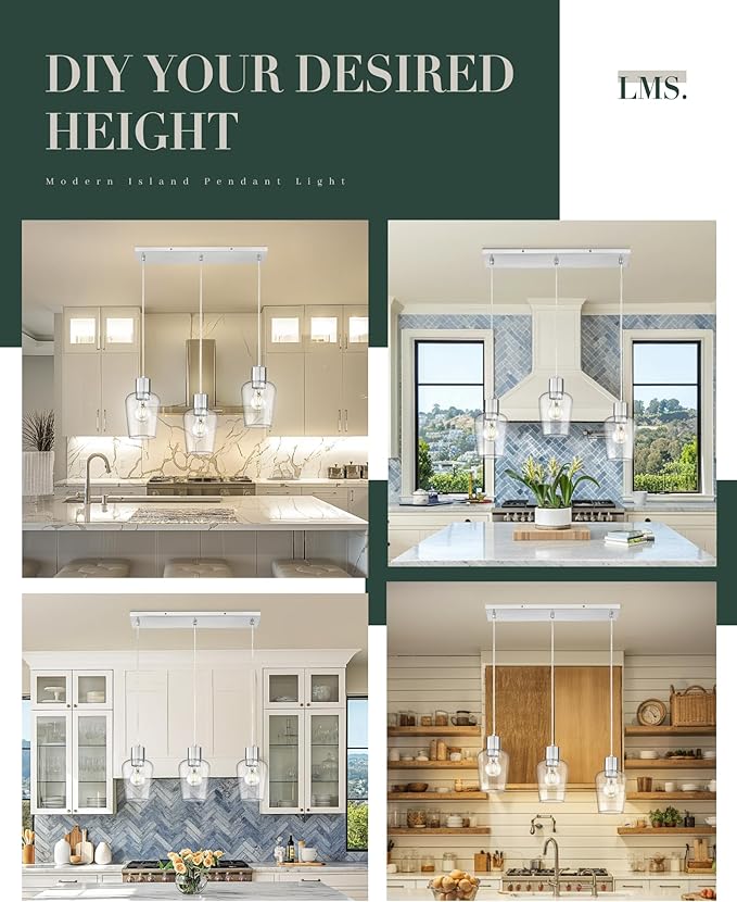 LMS Brushed Nickel Dining Room Light Fixture, 3-Light Clear Glass Island Lights, Farmhouse Linear Chandeliers for Kitchen Island Pendant Light Fixtures, LMS-123SPL-BN3