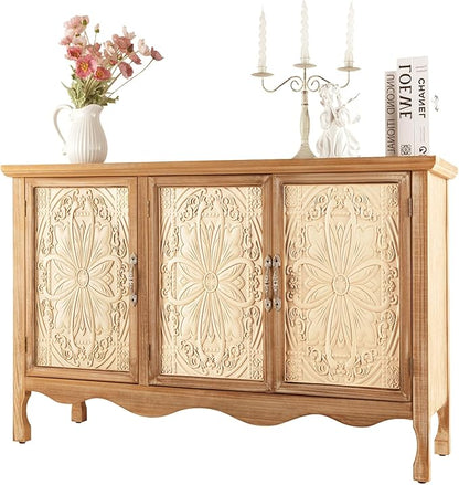 RoyalCraft Buffet Cabinet with Storage, Vintage Solid Wood Sideboard with 3 Carved Doors, Painted Coffee Bar Console Table for Dining Room, Living Room, Kitchen, Distressed Black
