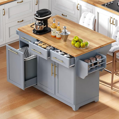 Merax 59.3" Grey Blue Kitchen Island with Storage, 2 Pull Out Cabinet Organizers & Rubber Wood Drop Leaf, Rolling Island Table with Trash Can Storage, Power Outlet, Spice Rack for Kitchen Dining