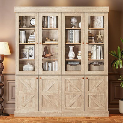 ivaniti 71" Tall Farmhouse Kitchen Pantry, Rustic Large Storage Cabinet with Glass Doors, Adjustable Shelves, Wood Versatile Hutch Cabinet for Dining Room, Living Room, Brown