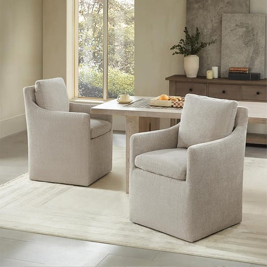 KISLOT Upholstered Dining Chairs with Casters, No Assembly Modern Accent Armchair with Rollers for Dining Room, Bedroom, Living Room, Reading Room, Already Assembled, Sand, 2 Box