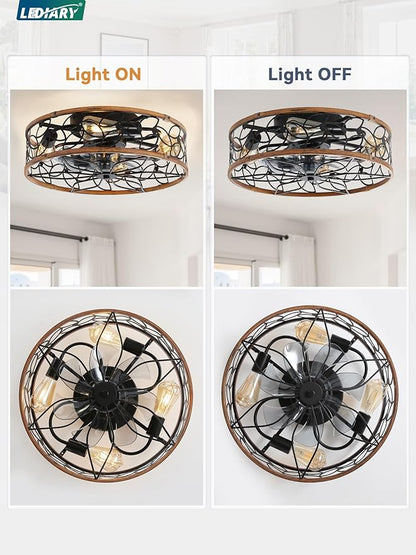 LEDIARY Caged Ceiling Fans with Lights, Farmhouse Flush Mount Ceiling Fan with Remote&App, Black&Walnut Low Profile Ceiling Fan Light Fixture for Bedroom, Kitchen, Dining Room.