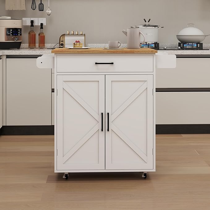 Modern Dining Table Kitchen Island Rolling Trolley Cart with Shelves, Drawer, Doors, Towel Rack & Seasoning Rack - Rubber Wood Table Top for Dining Room,White-MDF-2