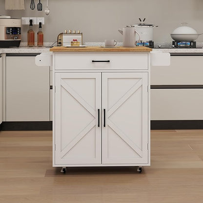 Modern Dining Table Kitchen Island Rolling Trolley Cart with Shelves, Drawer, Doors, Towel Rack & Seasoning Rack - Rubber Wood Table Top for Dining Room,White-MDF-2