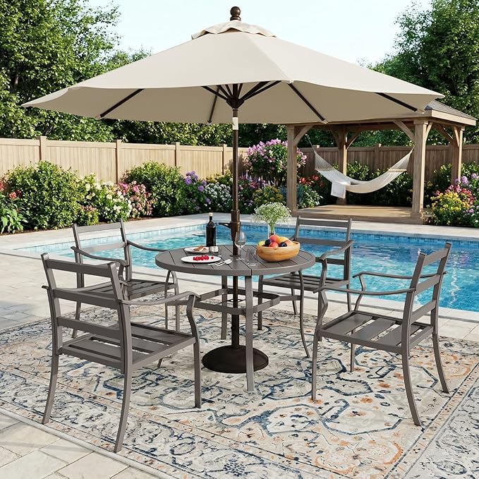 EROMMY 5-Piece Round Outdoor Patio Dining Set, 4 Metal Slat Chairs & Round Table with Umbrella Hole, All-Weather Outdoor Furniture for Backyard, Garden and Poolside