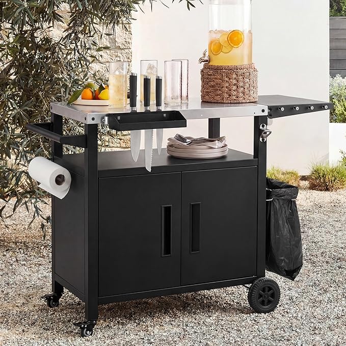 Outdoor Kitchen Island with Stainless Steel Top and Storage Cabinet, Metal Kitchen Island with Foldable Table and Hooks & Spice Rack, Rolling Grill Cart with Wheels and Waterproof Cover Included Black