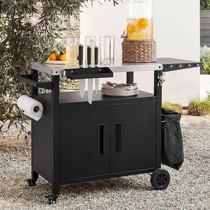 Outdoor Kitchen Island with Stainless Steel Top and Storage Cabinet, Metal Kitchen Island with Foldable Table and Hooks & Spice Rack, Rolling Grill Cart with Wheels and Waterproof Cover Included Black