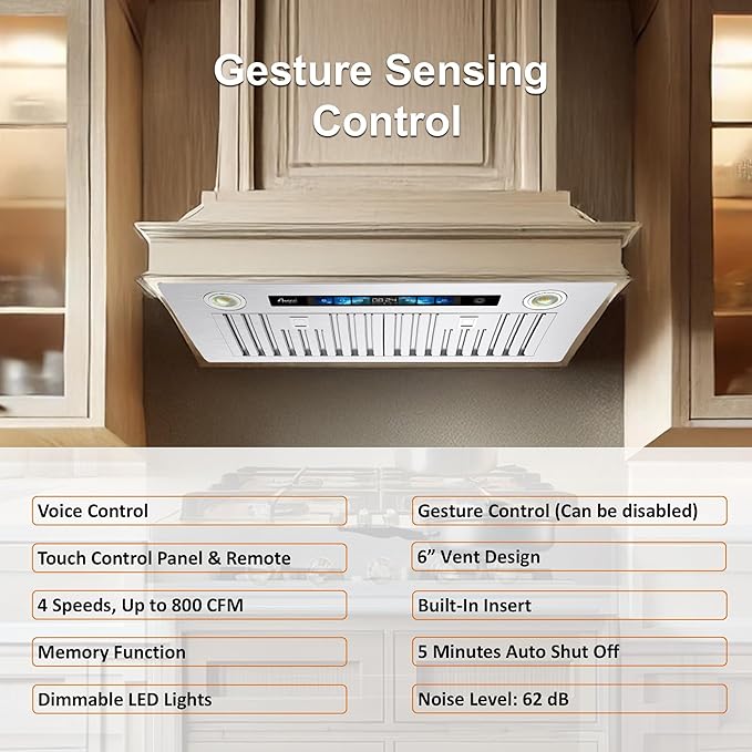 Awoco Range Hood Insert 36 Inch, Built-in Kitchen Hood with 800 CFM, Smart Voice/Gesture/Touch Control, Stainless Steel Stove Hood with Ducted/Ductless Convertible, Charcoal Filter.