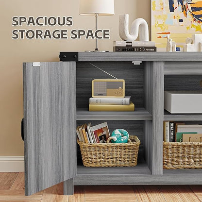 YESHOMY Modern Farmhouse TV Stand with Two Barn Doors and Storage Cabinets for Televisions up to 65+ Inch,Entertainment Center Console Table,Media Furniture for Living Room,Rustic Gray