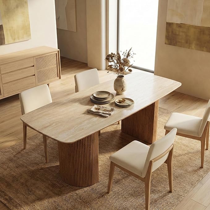 71'' Sintered Stone Dining Table for 6-8 People, Modern Rectangular Kitchen Table with Solid Wood Pedestal, Luxury Mid-Century Dining Room Table for Home Living Room