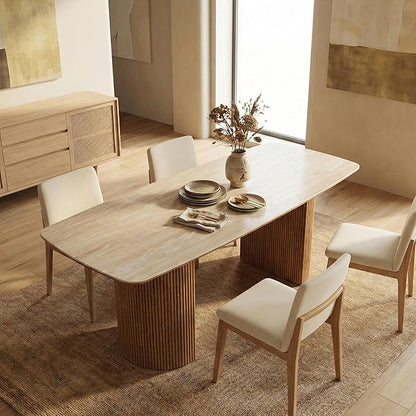 71'' Sintered Stone Dining Table for 6-8 People, Modern Rectangular Kitchen Table with Solid Wood Pedestal, Luxury Mid-Century Dining Room Table for Home Living Room