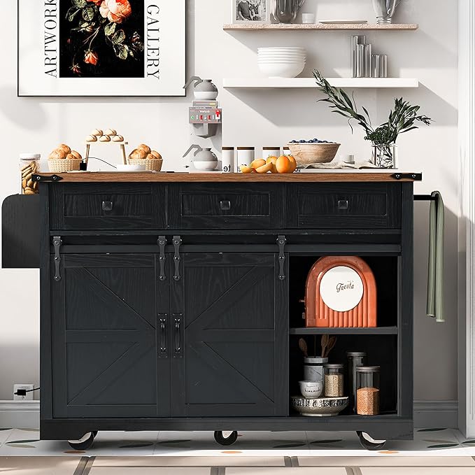 Bellemave 53.7" Farmhouse Kitchen Island cart with Charging Station, Rolling Kitchen Island Table with Drop-Leaf, 3 Drawers, Barn Doors, Large, Black