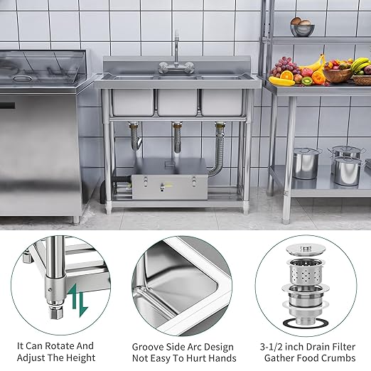 YITAHOME Utility Sink 3 Compartment Stainless Steel Freestanding Bar Sink NSF Commercial Sink for Restaurant, Laundry, Garage, Workshop Sink with Legs, Outdoor (39"x18"x37")