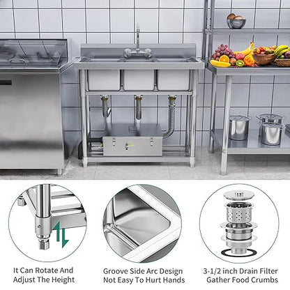 YITAHOME Utility Sink 3 Compartment Stainless Steel Freestanding Bar Sink NSF Commercial Sink for Restaurant, Laundry, Garage, Workshop Sink with Legs, Outdoor (39"x18"x37")