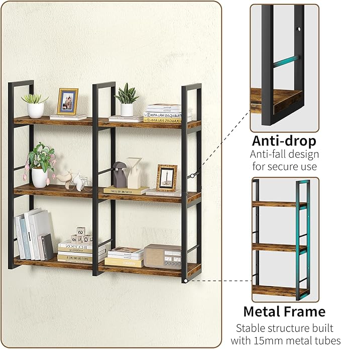 31.5 Inch Floating Shelves, 6 Tier Wood Shelves for Wall, Heavy Duty Wide Wall Mount Shelves for Living Room Bedroom Kitchen Classroom, Rustic Brown