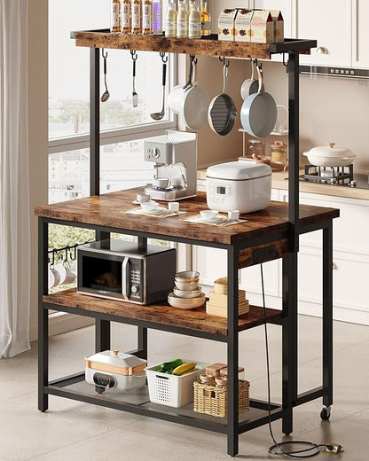 CHOEZON Kitchen Island with Power Outlet, Kitchen Island Table with Folding Top, Stationary Storage Islands, Coffee Bar with Outlets and USB Ports, for Dining Room, Rustic Brown and Black TZD01UBF
