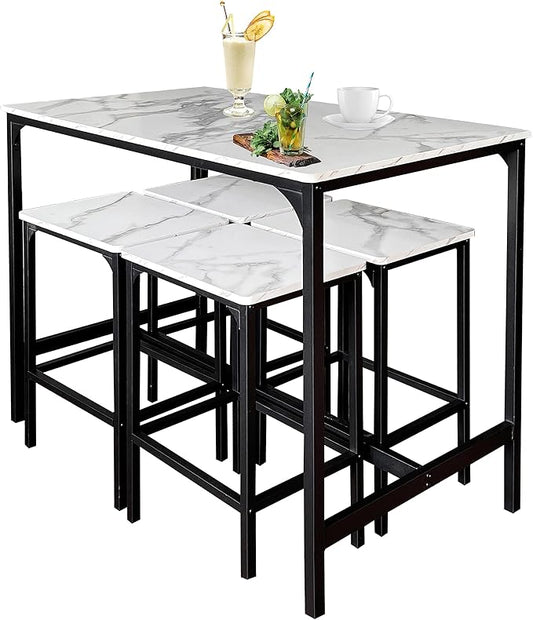 AT-VALY 5-Piece Bar Table Set with 4 Stools,Dining Room Table Set,Small Spaces (Black & White)