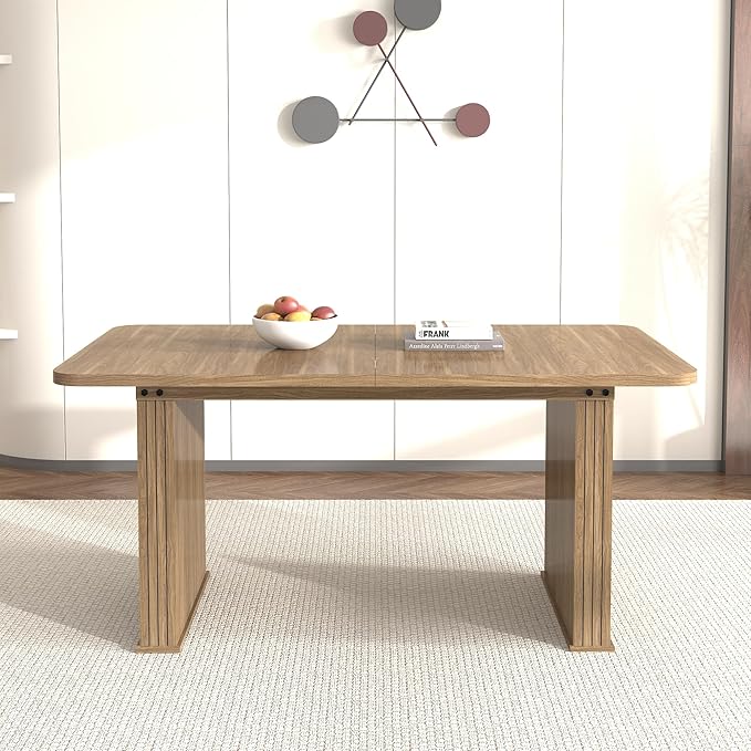 79" Extendable Island Table, Rustic Dining Table with Wooden Build, Farmhouse Dining Table with Double Pedestal for Family Gatherings, Beige Brown