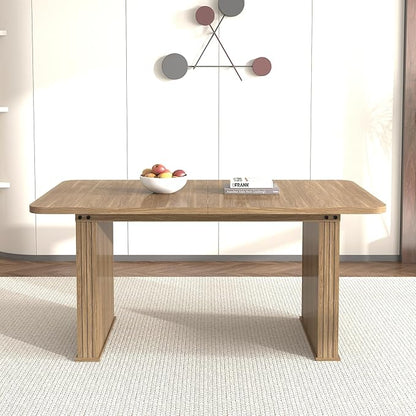 79" Extendable Island Table, Rustic Dining Table with Wooden Build & Vertical Stripes, Farmhouse Dining Table with Double Robust Pedestal for Family Gatherings, Beige Brown