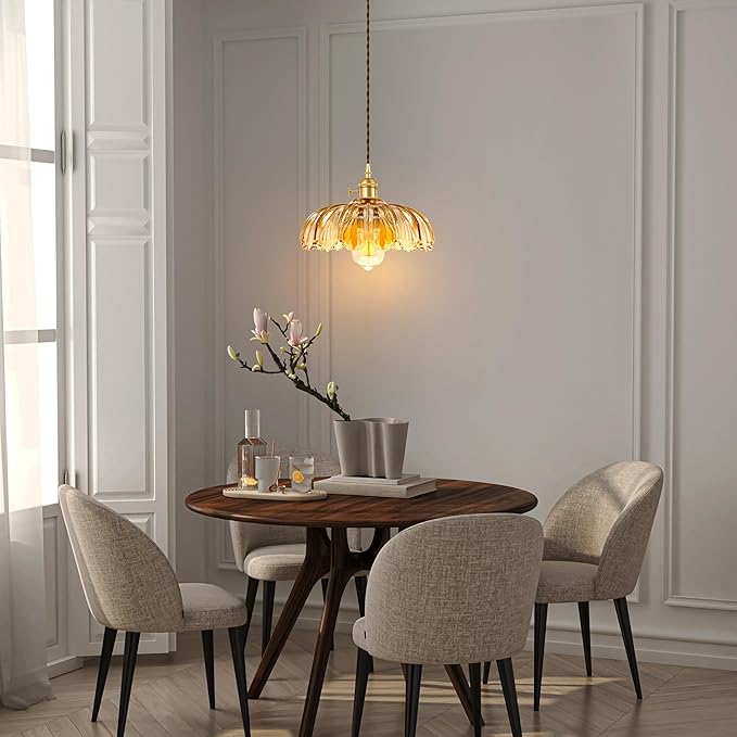 Pendant Light Fixture, Hanging Light Fixture, Glass Shade Pendant Light with Rotary Switch, Modern Lamp for Kitchen Island, Bedroom, Dining Room, Living Room (Amber Lotus, Hard-Wired)