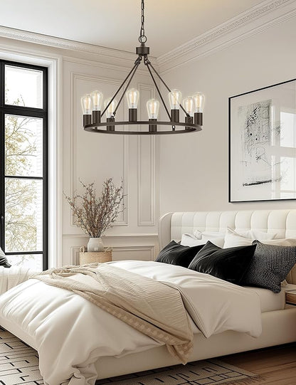 L LOHAS LED Black Farmhouse Chandeliers for Dining Room, 8-Light Wagon Wheel Chandelier Over Table, Height Adjustable, 24" Dining Room Light Fixtures, Modern Chandelier for Kitchen Island Living Room