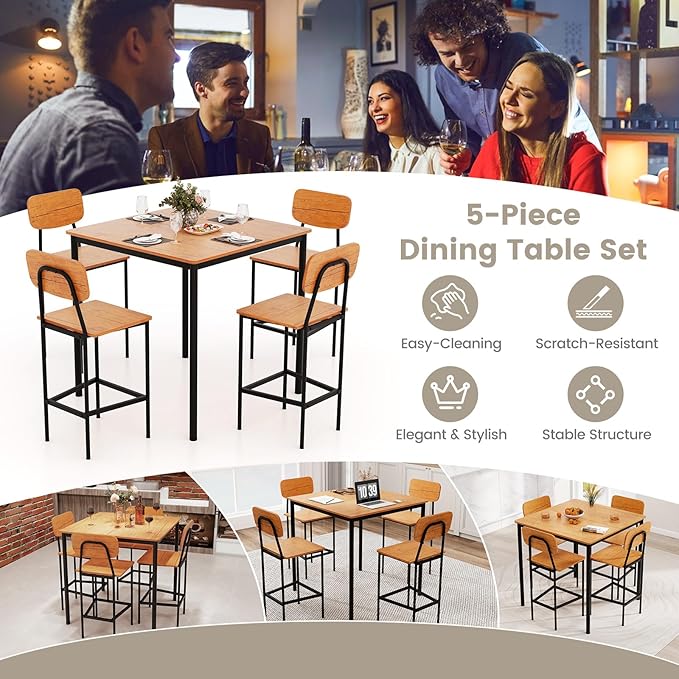 KOTEK 5-Piece Counter Height Dining Table Set, Industrial Kitchen Table and Chairs for 4, Space-Saving Dinette Set with Bar Stools for Dining Room, Pub, Restaurant (Walnut)