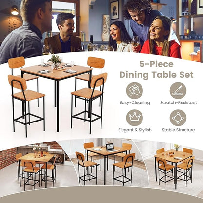 KOTEK 5-Piece Counter Height Dining Table Set, Industrial Kitchen Table and Chairs for 4, Space-Saving Dinette Set with Bar Stools for Dining Room, Pub, Restaurant (Walnut)