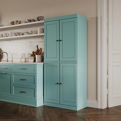 Palace Imports Solid Wood Kitchen Pantry Cabinet - 71.5" H x 32" W, Tall Storage Cupboard - Aqua, Adjustable Shelves & 2-Drawer Kit for Living Space, 100% Renewable Eco-Friendly Wood, Made in Brazil