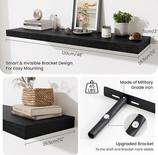 Fun Memories 48 Inch Floating Shelves for Wall - 12 Inch Deep Fireplace Mantel Shelf - Wood Floating Shelf for Wall - Large Storage Shelves Wall Mount for Living Room & Bedroom - Black - Set of 2