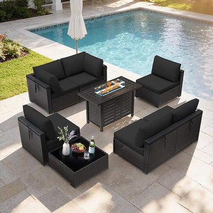 Patio Furniture Set 7 Pieces Conversation Set Wicker Outdoor Sectional Sofa,Ergonomic Armrests Couch with Cushion and Glass Table (Black-Black, 8 Piece-Fire Table)