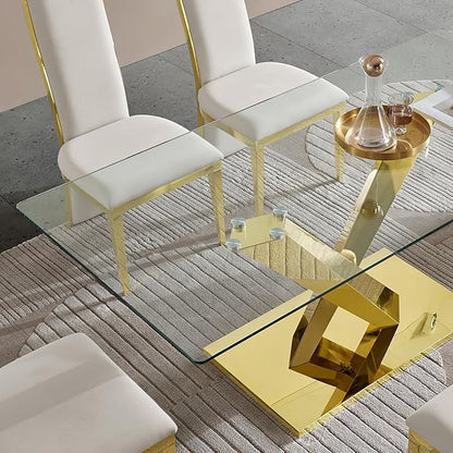 69” Modern Glass Dining Table for 6, Luxury Clear Tempered Glass Top with Gold X-Base Stainless Steel Legs, Elegant Rectangle Dining Room Table
