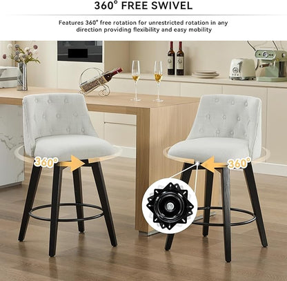 25" Swivel Bar Stools Set of 2-Modern Counter Height Chairs with Linen Upholstery&Button Tufted Back, Solid Wood Frame Barstools for Kitchen Island,for Living Room