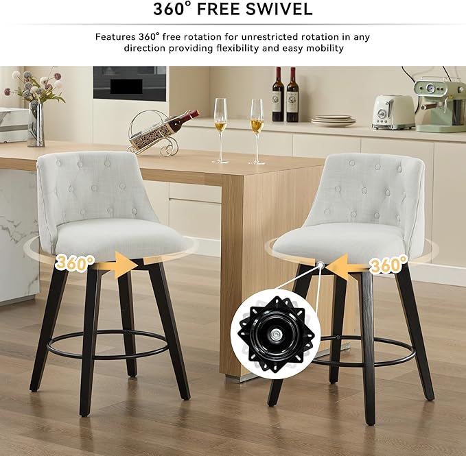 25" Swivel Bar Stools Set of 2-Modern Counter Height Chairs with Linen Upholstery&Button Tufted Back, Solid Wood Frame Barstools for Kitchen Island