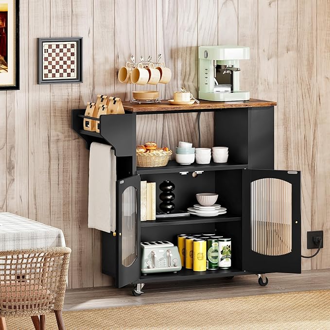 HOOBRO Kitchen Island with Power Outlet, Rolling Kitchen Island with Glass Doors and Open Storage Shelf, Island Table with Spice Rack, Towel Rack for Kitchen, Rustic Brown and Black BF53UZD01