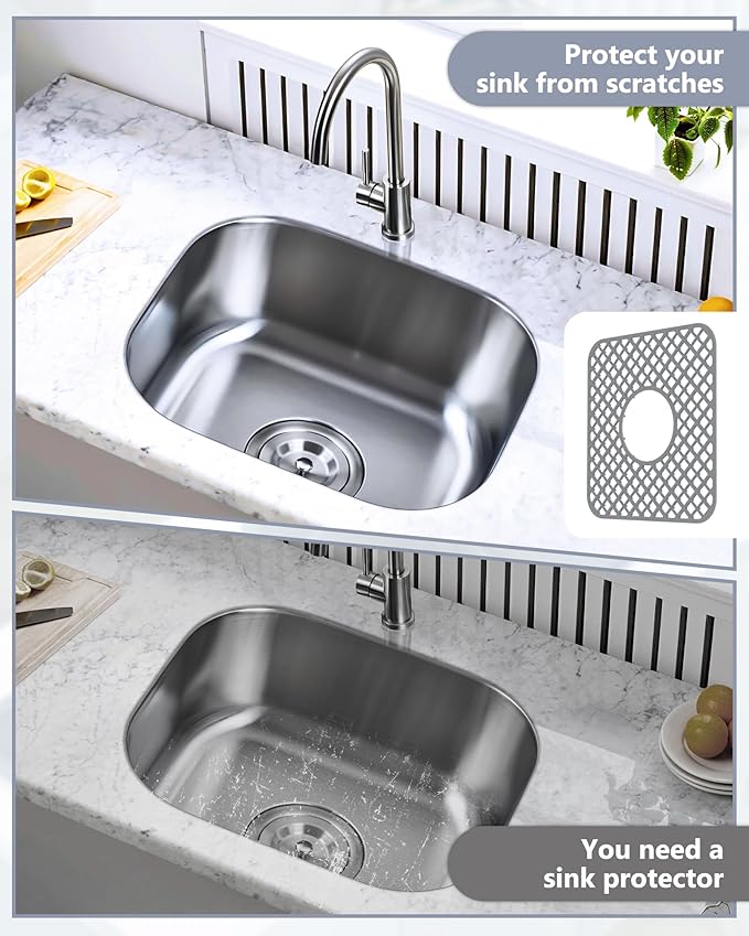 2 Pack Silicone Sink Protector for Kitchen Sink, Trellis Pattern 12 x 11" Sink Grid Mat Silicone Protectors, Center Drain, Gray