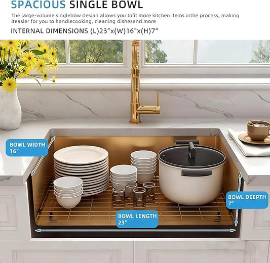 Kitsitchen Gold Kitchen Sink,SUS304 Stainless Steel RV Undermount Kitchen Sink with Strainers & Bottom Gird, 23" x 16" x 7" Single Bowl Kitchen Sinks,7 inch Depth for RV, Outdoor,Bathroom,Camper