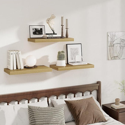 Fun Memories 24 x 12 Inch Deep Floating Shelves, 12 Inch Deep Rustic Wooden Book Shelf, Extra Deeper & Thicker Hanging Shelves for Living Room, Bathroom, Bedroom, Kitchen, Office, Set of 3 (Oak)