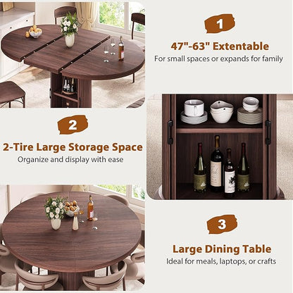 Jocoevol 47″–63″ Extendable Round Dining Table for 4–8 with Dust-Proof 2-Tier Storage Shelf Space Saving Expandable Wood Oval Circle Dinner Furniture with Pedestal Base (Black)