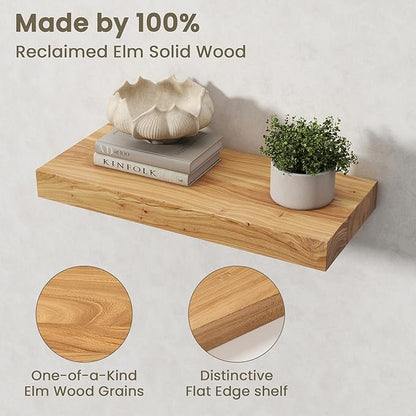 Fun Memories Solid Elm Wood Floating Shelves Set of 2-20 Inch Rustic Wall Shelves with Heavy-Duty Invisible Brackets - for Living Room, Kitchen, Bedroom, Bathroom - Natural Finish
