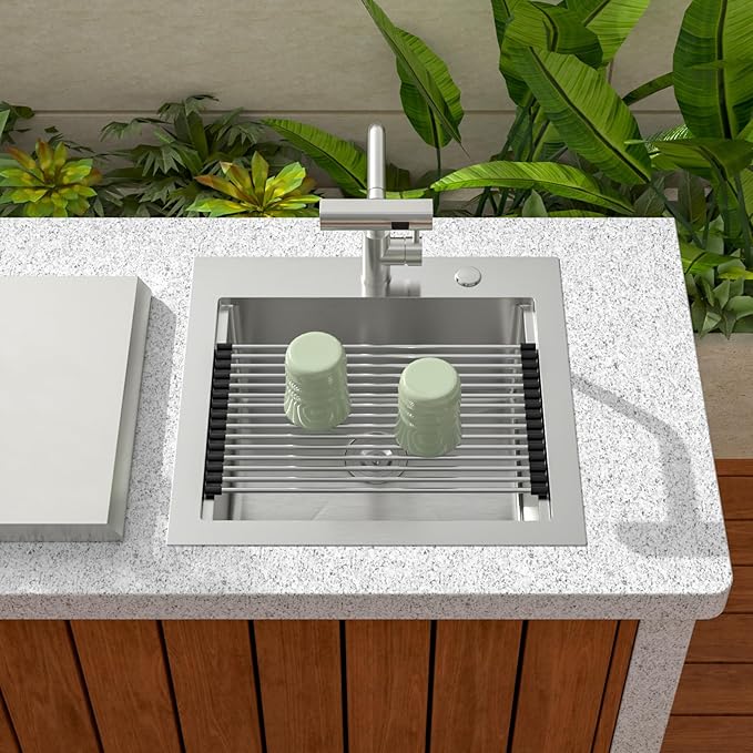Sarlai Outdoor Sink - 21 x 20 Inch Drop In Workstation Kitchen Sink with Dust Lid and Faucet 16 Gauge Stainless Steel Single Bowl Bar Basin with Cutting Board BBQ Basin Outside