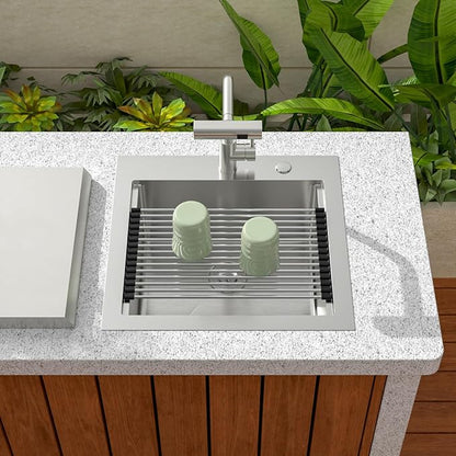 Sarlai Outdoor Sink - 21 x 20 Inch Drop In Workstation Kitchen Sink with Dust Lid and Faucet 16 Gauge Stainless Steel Single Bowl Bar Basin with Cutting Board BBQ Basin Outside