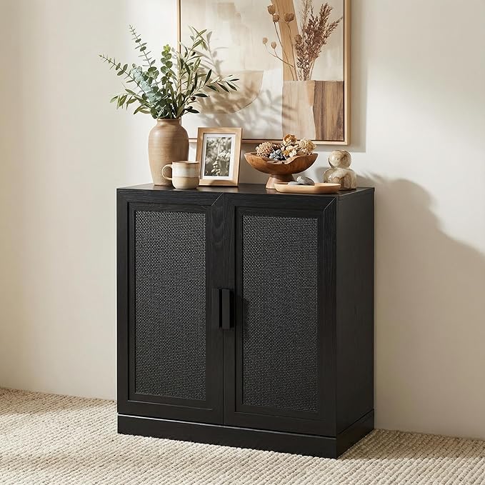 Casaphoria Adam Sideboard Buffet Cabinet with Storage, Sideboard Cabinet with Rattan Doors & Adjustable Shelves, 31" W x 36" H Coffee Bar for Entryway Kitchen Living Room, Black